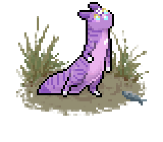 Pixel art of a purple-pink slugcat with tabby stripes & white socks on all four paws. There is also a round marking on its forehead and chest.